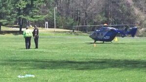 A MedFlight landed on the Haverhill campus to carry an injured motorist to the hospital after a car accident on nearby I495