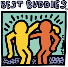 Image says "Best Buddies" at the top. Has two solid colored people with their arms around each other