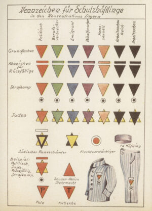 chart showing different german prisoner markings, the pink one was for homosexual prisoners 