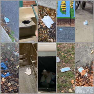 A photo collage of personal protective equipment litter.