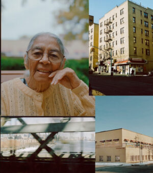 Photo collage, buildings and portrait of grandmother