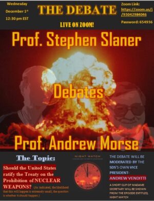 Poster with mushroom cloud advertising faculty debate about nuclear weapons