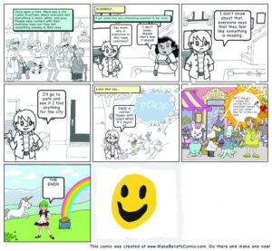 A comic strip with drawings