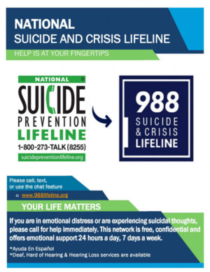 Poster reading Suicide Prevention Lifeline 988