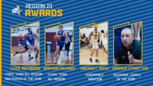A graphic of three players. and head coach listed as award recipients