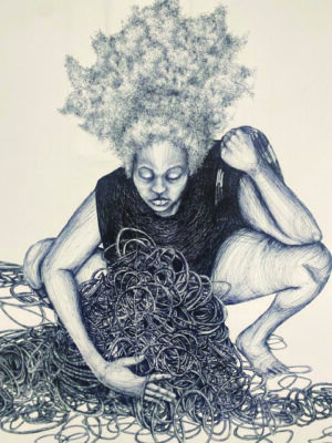 Black and white drawing of a woman gathering up a huge pile of hair ties