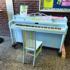 A piano in the Spurk building lobby on the Haverhill campus. 