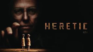 Movie poster for Heretic movie showing a large face and two small people