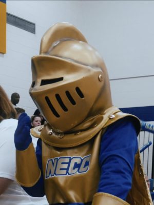 A person dressed up in a suit that looks like a knight, the NECC mascot.
