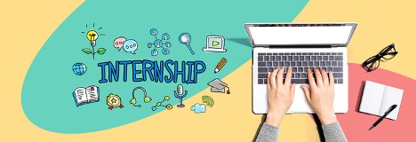 A cartoon drawing of a human hand typing on a laptop with the word Internship to the left with job-related icons next to it, such as a microphone, magnifying glass, book, pencil and lightbulb