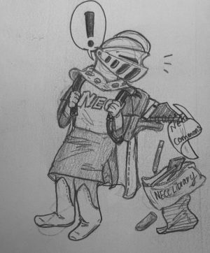 A pencil drawing of an NECC Knight with a book bag with pencils, pens, notebooks and it says NECC Commons and NECC Library on it.