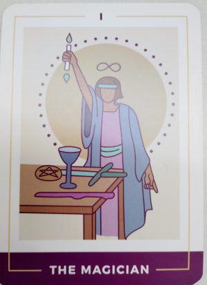 A Tarot card depicting "The Magician," a person in a robe holding a wand over a chalice.