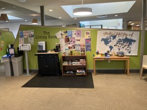 Students’ hang out spot “The Living Room” at SNHU.e speech on the bus.