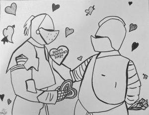 A drawing of a knight giving another knight a Valentine.