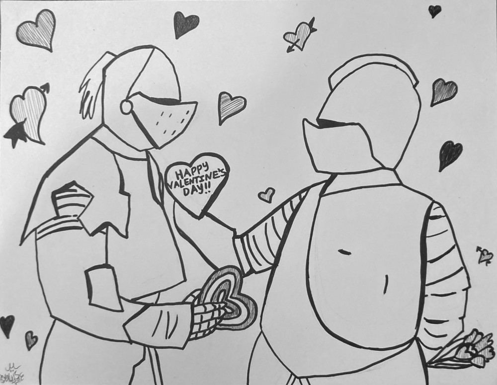 A drawing of a knight giving another knight a Valentine.