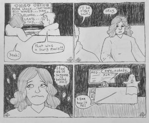  A comic of people watching a scary movie and then a ghost is floating behind the couch. 