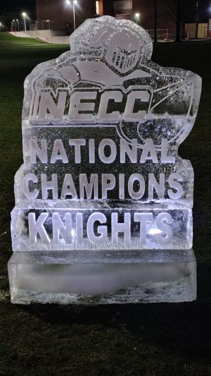 An ice sculpture that says NECC National Champions Knights